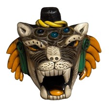 Vtg Aztec Jaguar Death Whistle Jeweled Face Clay Pottery Scream - Flaw/As Is picture