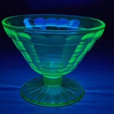 Hocking Block Optic Green Uranium Glass Glow Sherbet Cup Depression Era Art Deco picture
