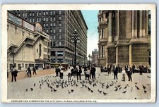 1921 Philadelphia Pennsylvania Postcard Feeding Pigeons City Hall Plaza Building picture