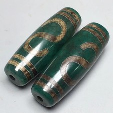 Tibetan Green Money Hook Dragon Dzi Bead Pendant Agate Ethnic Jewelry 2pc picture
