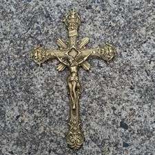 Antique French Wall Hanging Religious Brass Crucifix Cross Baroque Style Signed picture