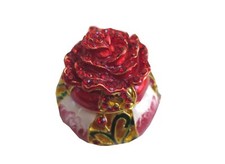 Bejeweled Pretty Red Rose Round Box Hinged Metal Enameled Rhinestone Trinket picture