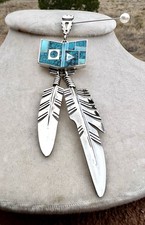 Ray Tracey Navajo Sterling Turquoise Inlay Silver Feather Pendant Native picture