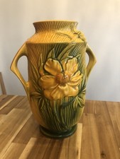 Roseville USA Art Pottery Peony Double Handled Vase # 65–9 Imperfect But Good picture