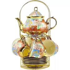 20 Pieces Porcelain Tea Set Metal Holder, European Ceramic Flower Tea Set picture