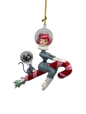 Hand Painted Retro Space Girl & Cat Riding Candy Cane Rocket Christmas Ornament picture