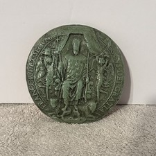 Vintage Medieval Royal Seal Plaque Latin Inscription Green Patina Terracotta 4” picture