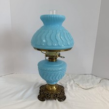 Vtg Fenton LG Wright Blue Satin Glass Puffy Poppy 17” Mini Parlor Lamp Complete picture
