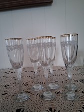 Set of 6 Pieces Cut Etched Crystal Champagne Glasses Grapes & Leaves Gold Rim picture