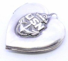 Vintage USN Navy Military Sweetheart Puffy Heart Charm Double Photo Locket picture