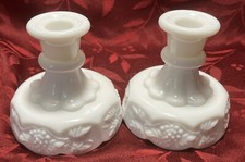 RARE Vintage Westmoreland Milk Glass Grape Cluster Leaves Candle Holders Pair picture