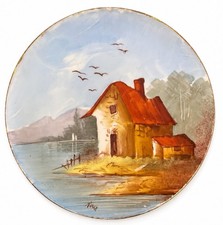 Antique Limoges France Plate Hand Painted SCARCE Cottage Cabin Lake Signed Roux picture