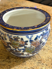 Hand Painted Glazed Ceramic Round Planter, Blue & White Floral with Gold Trim picture