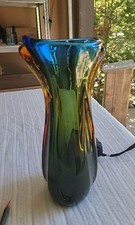 Vintage Murano Sommsero Ribbed Vase Flame Rim | Blue w/ Amber Core 12