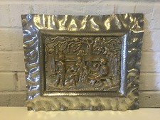 Vtg Antique Likely European Metal Plaque w Children & Woman Dec. Hammered Frame picture