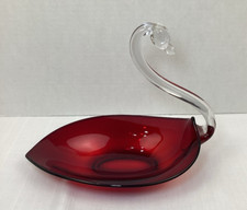 Vintage Mid-century Ruby Red Art Glass Swan Dish 9