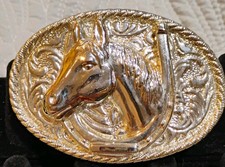 Vintage Western Belt Buckle Horse Head Horseshoe Oval Engraved Scrollwork B46  picture