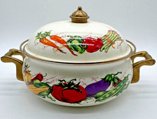 Vintage Ceramic Covered Casserole Tureen Vegetable Design Brass Tone Handles picture