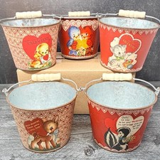 Vintage Style Valentine Cards Animals Metal Decorative Buckets Set of 5 picture
