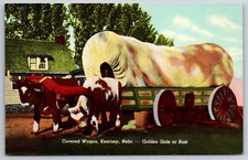 Kearney Nebraska~Covered Wagon W/ Oxen~Where The West Begins~Vtg Linen Postcard picture