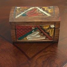 Vintage Indian Rajasthani Hand Carved Painted Wood Jewelry Trinket Box picture