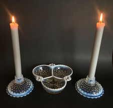 Vintage Fenton White Opalescent Moonstone Candle Holders &Relish Dish picture