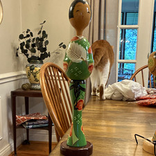 Japanese Kokeshi-Style Wooden Doll Figurine, Hand-Painted Green Floral Kimono picture