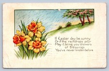 Antique 1925 Easter Postcard Daffodils Rain Showers Spring Blessings picture