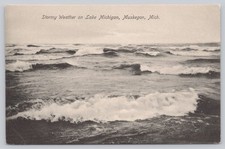 Muskegon MI Michigan, Stormy Weather on Lake Michigan, 1910s Postcard, Unposted picture
