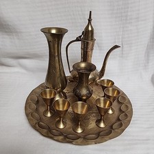 Vtg Brass Turkish Embossed Tea Set 6 Goblets India Teapot Tray Vase Hand Hamered picture