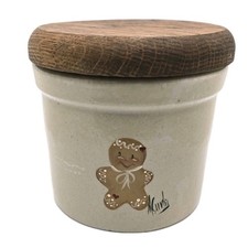 Vtg RRP Co Ohio 1 Pt Stoneware Christmas Crock Jar Wood Lid Gingerbread Man USA picture