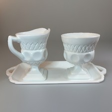 Vintage Milk Glass Creamer & Sugar Bowl with Tray – Diamond & Thumbprint Design picture