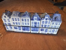 Vintage Delft Blue Dutch Canal House Spice Jar Set of 6 with Metal Rack picture