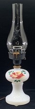 VINTAGE HURRICANE TABLE LAMP MILK GLASS HAND PAINTED CHIC ROSE HOBNAIL ELECTRIC picture