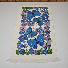 Vtg Cannon Hand Towel Blue Purple Butterfly Floral Fringe Cotton USA MCM Mod picture