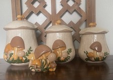 Vintage 1970s Ceramic Mushroom Canister Set 4 Pc Retro Kitchen Cottagecore picture