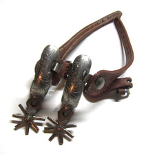 Vintage Mexican Charro Style Spurs Engraved Eight-Pointed Rowels with Straps picture