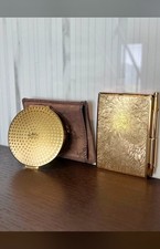 Vintage 1960s Stratton England Polkadot Stars Gold Tone Compact Mirror Notebook picture