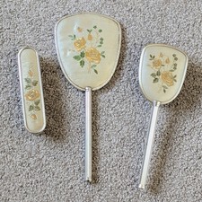 Vintage 1960's Vanity Set With Hand Mirror 2 Brushes Embroidered Flower Detail picture