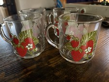Adorable set of 4 10-Oz vintage Strawberry  Clear Coffee Cups / Retro Lot picture