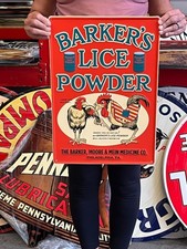 Vintage Anitque Old Style Metal Sign Lice Powder Chickens 14x20 Made in USA picture