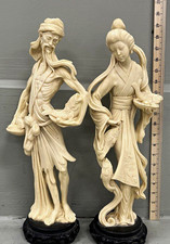 Chinese vintage intricately carved ,heavy & tall Figurines Pair 18in Ivory Tone picture