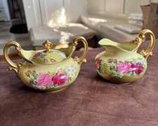 Antique T&V Limoges France Hand Painted Roses Sugar w Lid & Creamer w Gold Trim picture