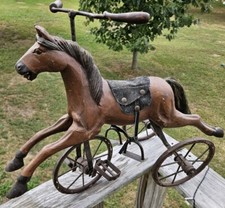AWESOME Vtg. Wood, Leather Metal Tricycle Hand Carved Horse 23