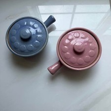 Vintage 1950’s BluePink Stoneware Casserole Soup Bowl Handle & Lid Made IN USA picture