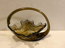 Vintage Rare Murano Style MCM Amber Olive Green Art Glass Basket With Handle picture