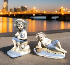 2 Ceramic Figurine Young Boy Gone Fishing   picture