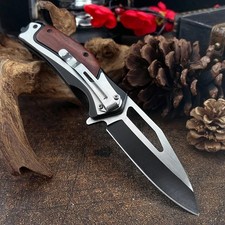 8.2”Wood Black Tactical Spring Assisted Open Blade Folding Pocket Knife Hunting picture