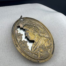 Antique Pocket Mirror Brass Advertising Repousse Lady S Stahl NY Milliner  READ picture