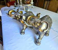 Pair Metallic Elephant Figurines Statues, Silver/Gold Tone, Raised Trunks picture